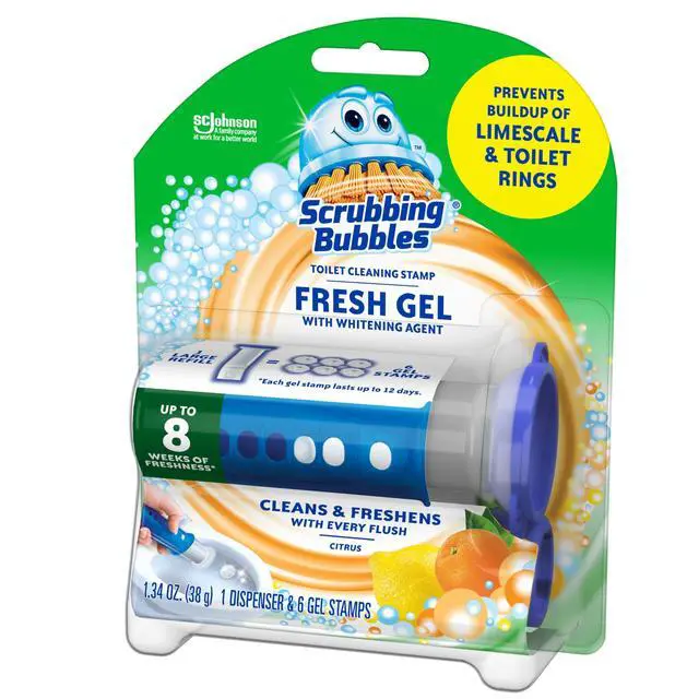 Alt view image 7 of 7 - Fresh Gel Toilet Bowl Cleaning Stamps, Helps Keep Toilet Clean and Helps Prevent Limescale & Rings, Citrus Scent, 1 Dispenser with 6 Fresh Gel Stamps (Pack of 2)
