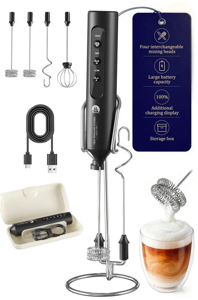 Main image of Rechargeable Milk Frother with Stand, 4 Interchangeable Whisks & Travel Case Handheld Mixer for Lattes, Matcha, Hot Chocolate, Eggs & Protein Shakes