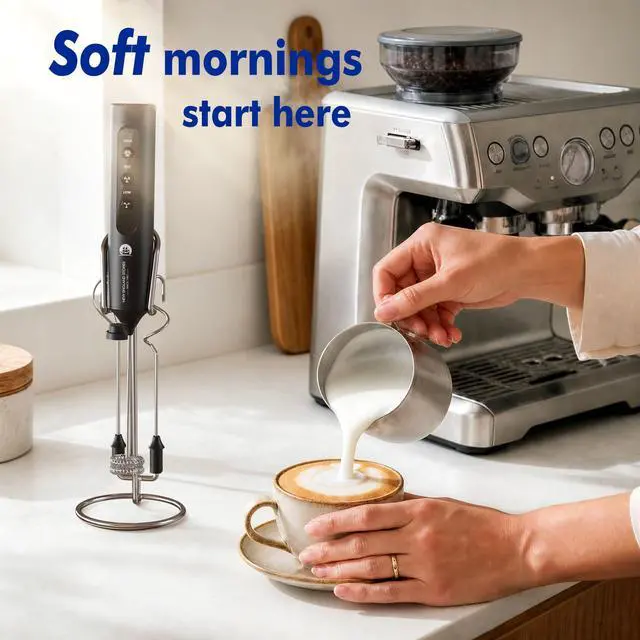 Alt view image 2 of 7 - Rechargeable Milk Frother with Stand, 4 Interchangeable Whisks & Travel Case Handheld Mixer for Lattes, Matcha, Hot Chocolate, Eggs & Protein Shakes