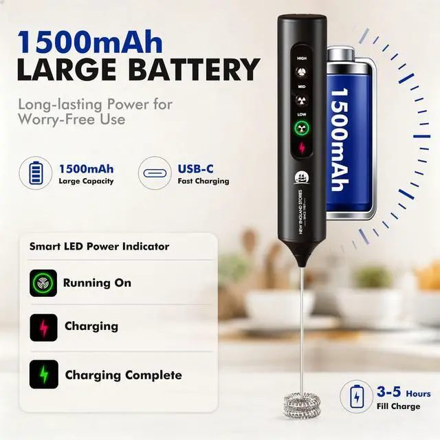 Alt view image 3 of 7 - Rechargeable Milk Frother with Stand, 4 Interchangeable Whisks & Travel Case Handheld Mixer for Lattes, Matcha, Hot Chocolate, Eggs & Protein Shakes