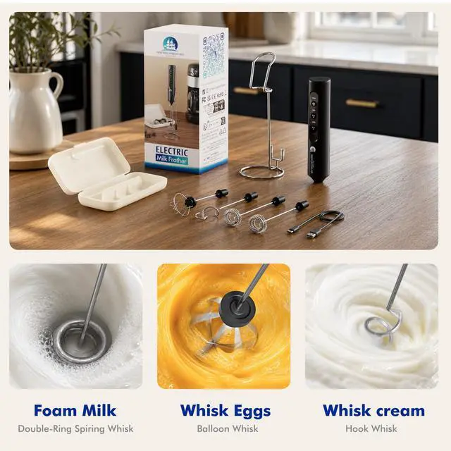 Alt view image 4 of 7 - Rechargeable Milk Frother with Stand, 4 Interchangeable Whisks & Travel Case Handheld Mixer for Lattes, Matcha, Hot Chocolate, Eggs & Protein Shakes