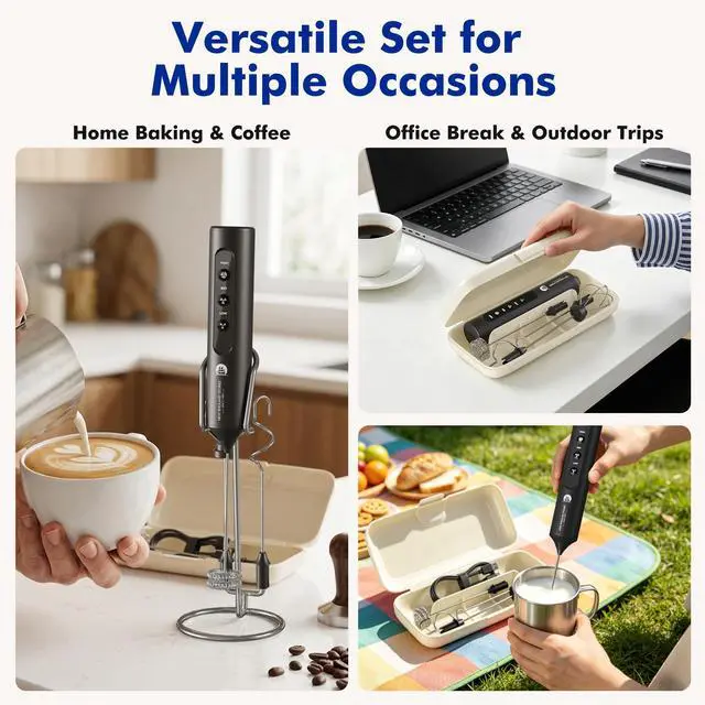 Alt view image 6 of 7 - Rechargeable Milk Frother with Stand, 4 Interchangeable Whisks & Travel Case Handheld Mixer for Lattes, Matcha, Hot Chocolate, Eggs & Protein Shakes