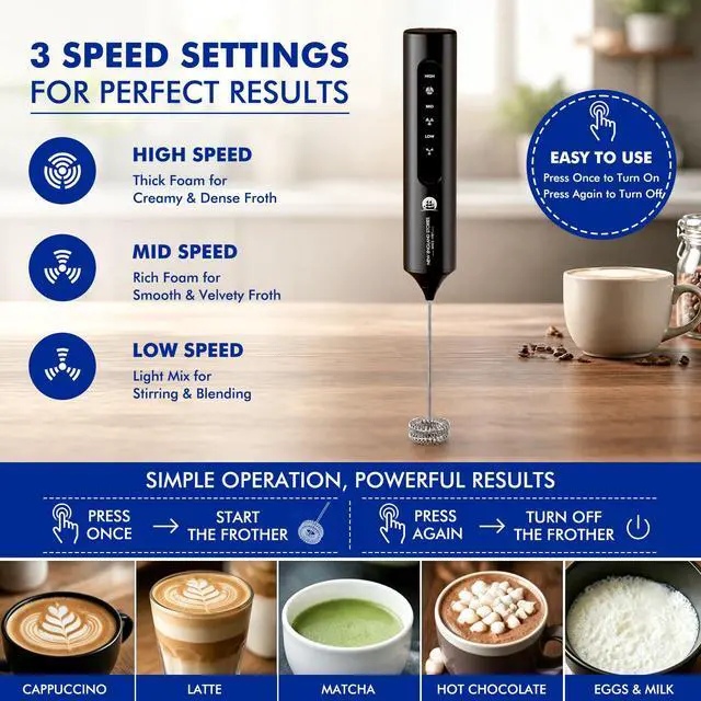 Alt view image 5 of 7 - Rechargeable Milk Frother with Stand, 4 Interchangeable Whisks & Travel Case Handheld Mixer for Lattes, Matcha, Hot Chocolate, Eggs & Protein Shakes