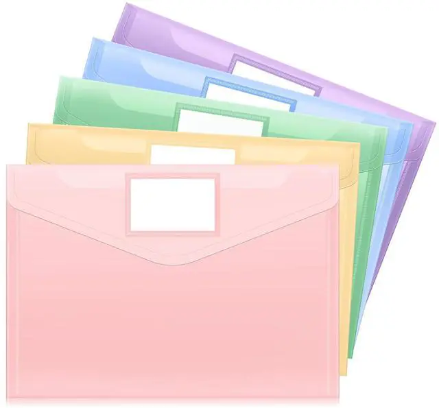 Main image of 5 Packs Plastic Envelopes Plastic File Folders, Clear Document Organizer Folder US Letter A4 Size Folders for Documents with Label Pocket for School Office Work Home Organization, Fresh Colors