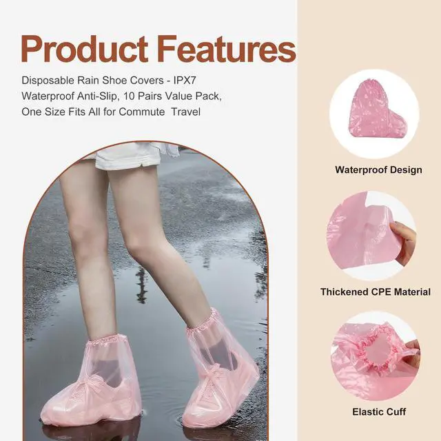 Alt view image 6 of 7 - 10 Pairs Rain Shoe Covers for Women, Waterproof Plastic Shoe Covers Disposable, Outdoor Indoor Boot Sneaker Covers (Pink-Short-10Pairs)