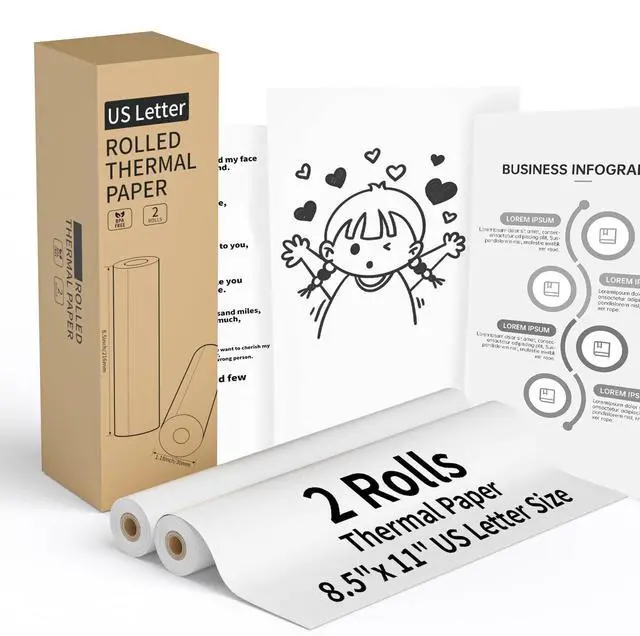 Main image of 2 Rolls Thermal Printer Paper 8.5" x 11" US Letter Size - High-Efficiency Durable Printing for Picture or Home Work, Printing Contract, Compatible with Most Thermal Printers (50 Sheets / 2 Rolls)