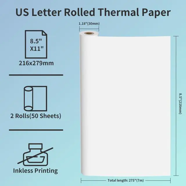 Alt view image 2 of 6 - 2 Rolls Thermal Printer Paper 8.5" x 11" US Letter Size - High-Efficiency Durable Printing for Picture or Home Work, Printing Contract, Compatible with Most Thermal Printers (50 Sheets / 2 Rolls)