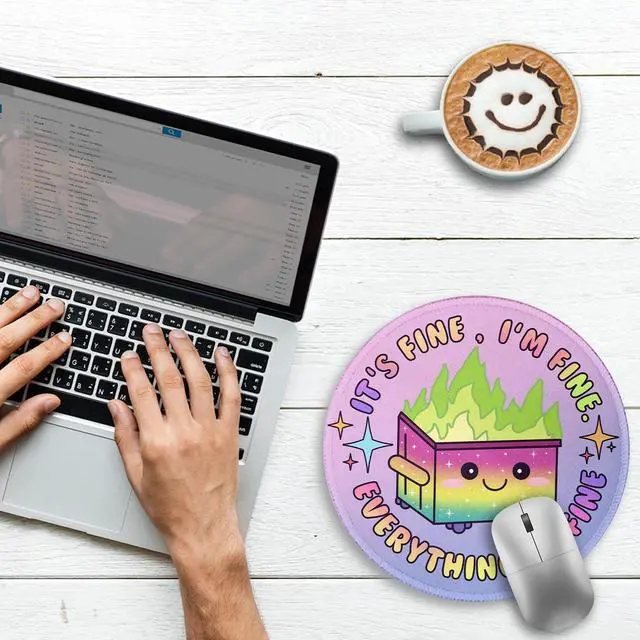 Alt view image 3 of 6 - Gradient Dumpster on Fire Mouse Pad, Cute Round Mouse Pads for Desk, Funny Purple Mousepad for Laptop Gaming, Stitched Edge Non-Slip Rubber Base, Cute Office Desk Accessories Decor for Women