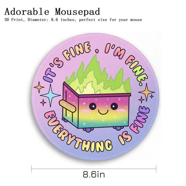 Alt view image 4 of 6 - Gradient Dumpster on Fire Mouse Pad, Cute Round Mouse Pads for Desk, Funny Purple Mousepad for Laptop Gaming, Stitched Edge Non-Slip Rubber Base, Cute Office Desk Accessories Decor for Women