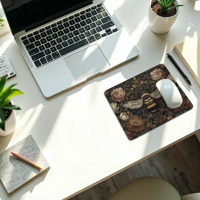 Alt view image 2 of 6 - Vintage Floral Bee Mouse Pad, Dark Contemporary Botanical Bumblebee Mouse Pads Mousepad for Desk Home Office Dorm Laptop, Cottagecore Nature Office Supplies Desk Accessories, 9.5x7.9 Inch