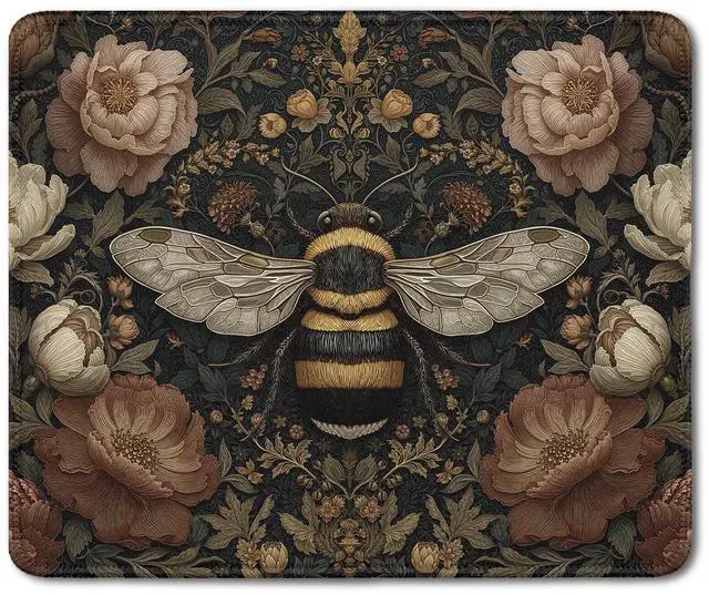 Main image of Vintage Floral Bee Mouse Pad, Dark Contemporary Botanical Bumblebee Mouse Pads Mousepad for Desk Home Office Dorm Laptop, Cottagecore Nature Office Supplies Desk Accessories, 9.5x7.9 Inch