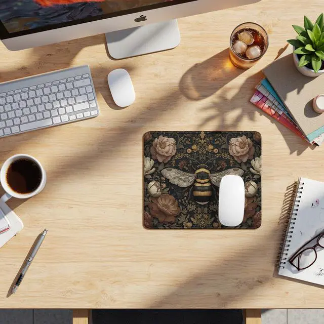 Alt view image 3 of 6 - Vintage Floral Bee Mouse Pad, Dark Contemporary Botanical Bumblebee Mouse Pads Mousepad for Desk Home Office Dorm Laptop, Cottagecore Nature Office Supplies Desk Accessories, 9.5x7.9 Inch