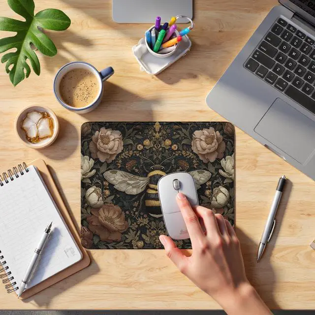 Alt view image 5 of 6 - Vintage Floral Bee Mouse Pad, Dark Contemporary Botanical Bumblebee Mouse Pads Mousepad for Desk Home Office Dorm Laptop, Cottagecore Nature Office Supplies Desk Accessories, 9.5x7.9 Inch
