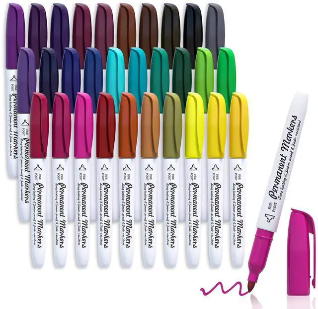 Main image of 30 Colors Permanent Markers, Fine Point, Assorted Colors, Works on Plastic,Wood,Stone,Metal and Glass for Kids Adult Coloring Doodling Marking