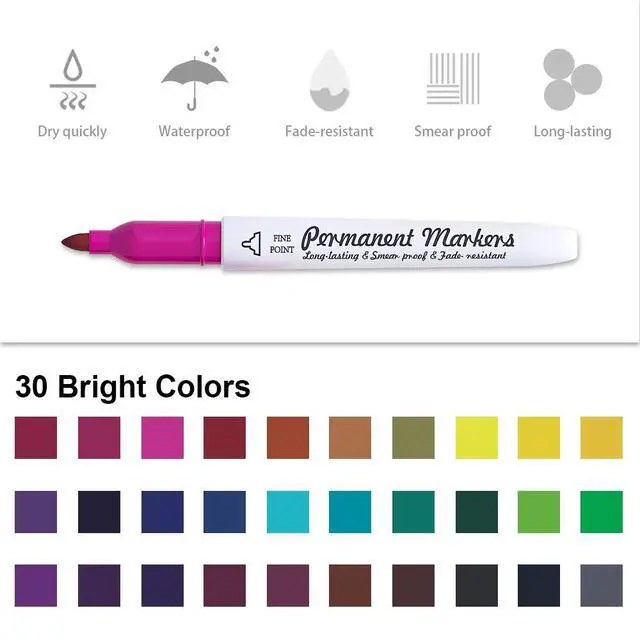 Alt view image 3 of 7 - 30 Colors Permanent Markers, Fine Point, Assorted Colors, Works on Plastic,Wood,Stone,Metal and Glass for Kids Adult Coloring Doodling Marking