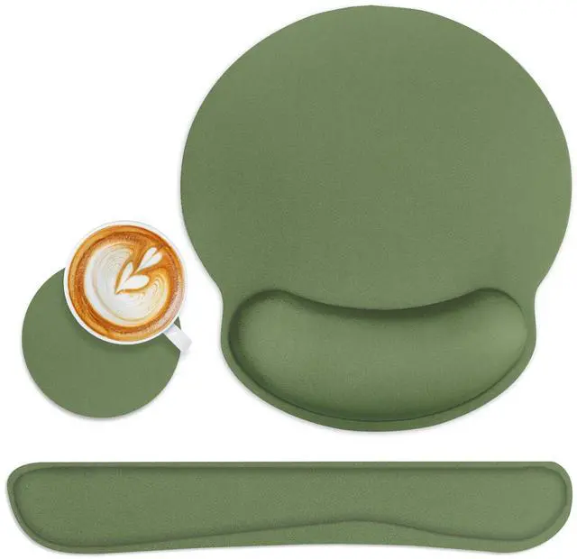 Main image of Green Ergonomic Mouse Pad Set with Wrist Rest Non-Slip Rubber Base Wrist Cushion Support and Coasters Mousepad with Wrist Support for Computer Keyboard and Desk
