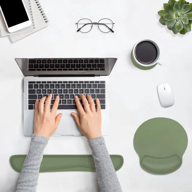 Alt view image 3 of 7 - Green Ergonomic Mouse Pad Set with Wrist Rest Non-Slip Rubber Base Wrist Cushion Support and Coasters Mousepad with Wrist Support for Computer Keyboard and Desk