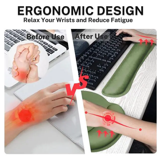 Alt view image 6 of 7 - Green Ergonomic Mouse Pad Set with Wrist Rest Non-Slip Rubber Base Wrist Cushion Support and Coasters Mousepad with Wrist Support for Computer Keyboard and Desk