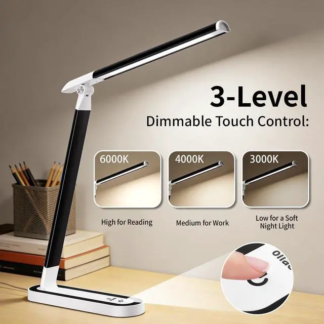 Alt view image 2 of 7 - LED Desk Lamp, Eye-Caring Table Lamp with 3 Brightness Levels, Touch Control and Memory Function, Foldable Reading Lamp for Home Office Bedroom Study, 8W, 4000K, Black