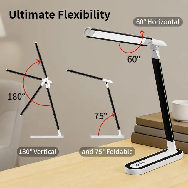 Alt view image 4 of 7 - LED Desk Lamp, Eye-Caring Table Lamp with 3 Brightness Levels, Touch Control and Memory Function, Foldable Reading Lamp for Home Office Bedroom Study, 8W, 4000K, Black