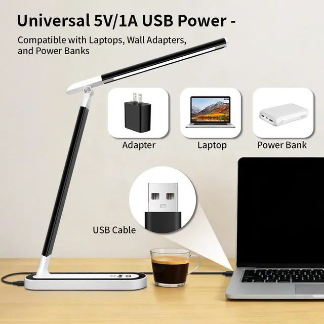 Alt view image 6 of 7 - LED Desk Lamp, Eye-Caring Table Lamp with 3 Brightness Levels, Touch Control and Memory Function, Foldable Reading Lamp for Home Office Bedroom Study, 8W, 4000K, Black