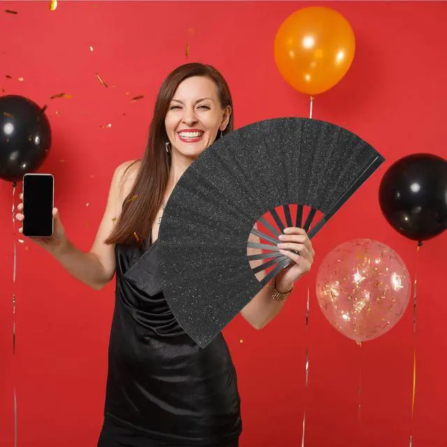 Alt view image 3 of 6 - Large Rave Folding Hand Fan Popping Fan Clacking Fans for Line Dancing, Big clap Fans foldable Fan for Outdoor,Wedding,Party,Decoration (Black)