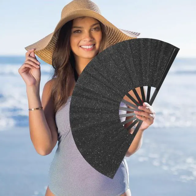 Alt view image 4 of 6 - Large Rave Folding Hand Fan Popping Fan Clacking Fans for Line Dancing, Big clap Fans foldable Fan for Outdoor,Wedding,Party,Decoration (Black)