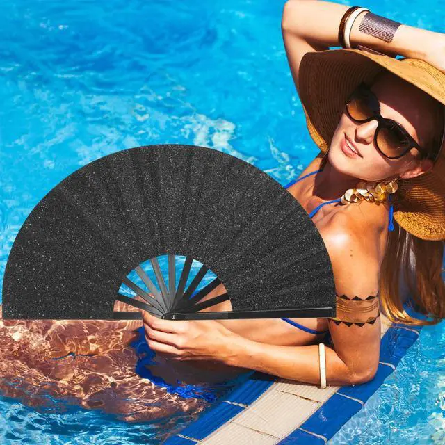 Alt view image 6 of 6 - Large Rave Folding Hand Fan Popping Fan Clacking Fans for Line Dancing, Big clap Fans foldable Fan for Outdoor,Wedding,Party,Decoration (Black)