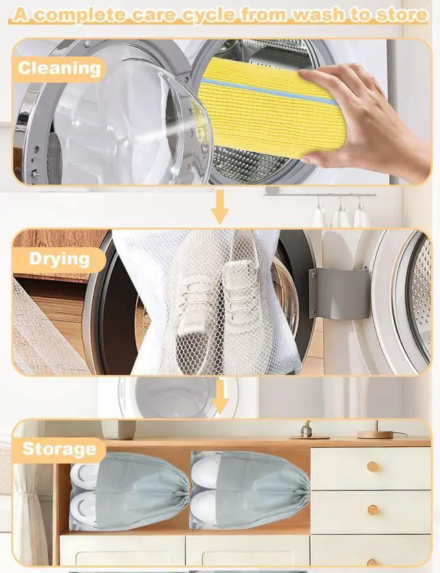 Alt view image 2 of 7 - 4Pcs Reusable Shoe Washing Machine Bag Set (Cleaning, Drying and Storage) - 360° Deep Cleaning - Large Laundry Shoe Cover with Hidden Zipper for Washing Sneakers,Tennis Shoes,All Shoes Types (Yellow)