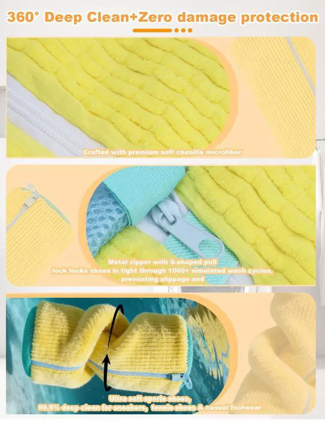 Alt view image 3 of 7 - 4Pcs Reusable Shoe Washing Machine Bag Set (Cleaning, Drying and Storage) - 360° Deep Cleaning - Large Laundry Shoe Cover with Hidden Zipper for Washing Sneakers,Tennis Shoes,All Shoes Types (Yellow)