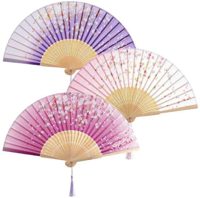 Main image of 3 Pcs Bamboo Folding Fan 8.3In Floral Folding Handheld Fans with Tassel for Dancing Party Wedding Gifts Wall Decoration