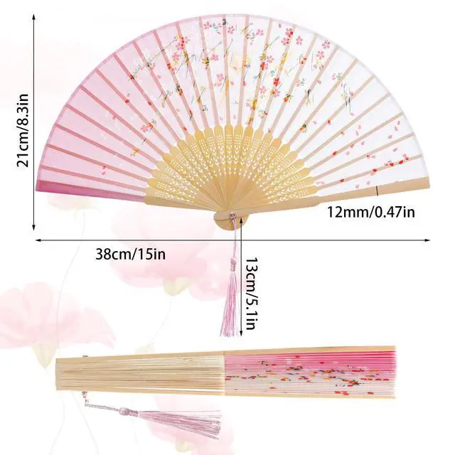 Alt view image 2 of 7 - 3 Pcs Bamboo Folding Fan 8.3In Floral Folding Handheld Fans with Tassel for Dancing Party Wedding Gifts Wall Decoration