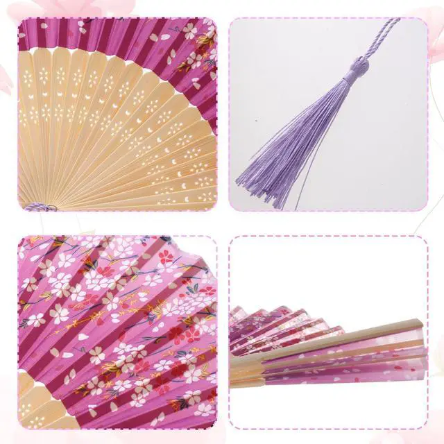 Alt view image 3 of 7 - 3 Pcs Bamboo Folding Fan 8.3In Floral Folding Handheld Fans with Tassel for Dancing Party Wedding Gifts Wall Decoration