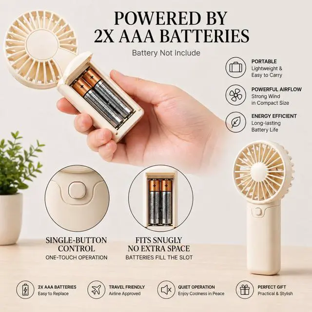 Alt view image 5 of 6 - Mini Handheld Fan, AAA Battery Operated Portable Personal Fan with Lanyard, One Button Easy Control, Low Noise Small Fan for Travel, Office, Outdoor