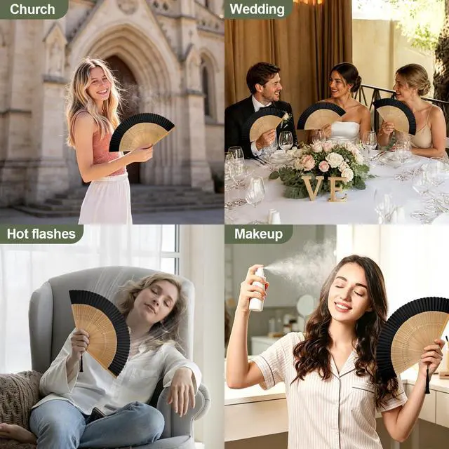 Alt view image 3 of 7 - Bamboo Hand Fan Foldable 8.3 Inch, Portable Folding Fan with Pouch for Church Wedding Makeup, Small Decorative Cooling Fan for Women (Black/Bamboo Frame)