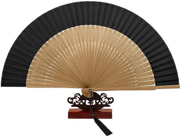 Main image of Bamboo Hand Fan Foldable 8.3 Inch, Portable Folding Fan with Pouch for Church Wedding Makeup, Small Decorative Cooling Fan for Women (Black/Bamboo Frame)