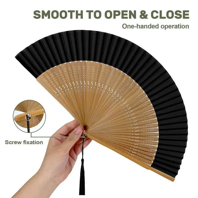 Alt view image 5 of 7 - Bamboo Hand Fan Foldable 8.3 Inch, Portable Folding Fan with Pouch for Church Wedding Makeup, Small Decorative Cooling Fan for Women (Black/Bamboo Frame)