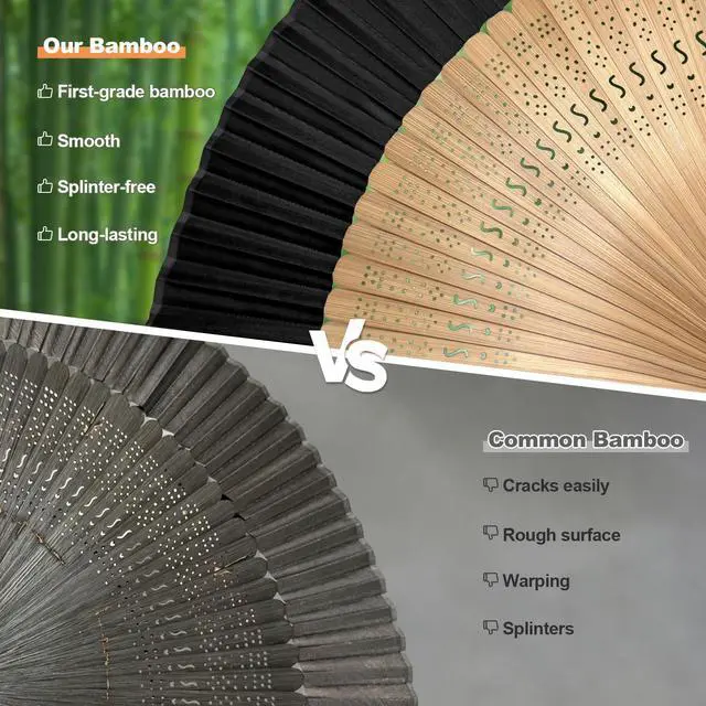 Alt view image 2 of 7 - Bamboo Hand Fan Foldable 8.3 Inch, Portable Folding Fan with Pouch for Church Wedding Makeup, Small Decorative Cooling Fan for Women (Black/Bamboo Frame)