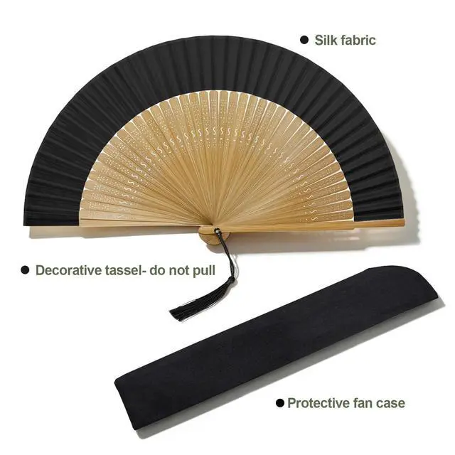 Alt view image 6 of 7 - Bamboo Hand Fan Foldable 8.3 Inch, Portable Folding Fan with Pouch for Church Wedding Makeup, Small Decorative Cooling Fan for Women (Black/Bamboo Frame)