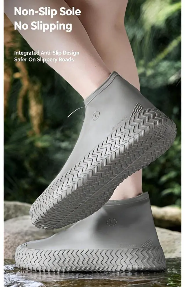 Alt view image 3 of 7 - Waterproof Shoe Covers Reusable Shoe Covers for Rain, 2 Pairs Silicone Shoe Covers Waterproof Shoe Covers for Rain Shoe Covers Outdoor Cycling Hiking Men Women (Grey, L)