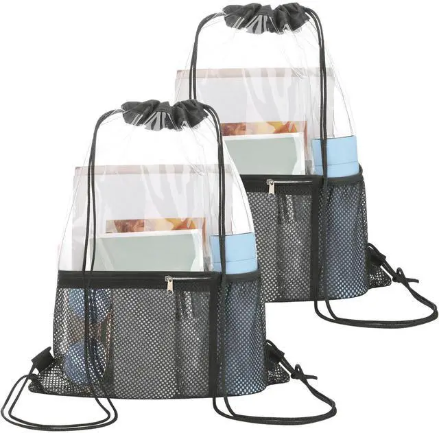 Main image of 2 PACK Clear Drawstring Bag Stadium Approved, See Through Transparent PVC Drawstring Backpack, Clear Bag for for Concert Sport Festival Travel Work (Black)