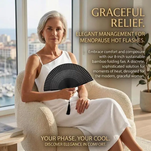 Alt view image 2 of 7 - Hand Fan for Women Foldable - Folding Japanese Chinese Fan with Case - for Hot Flashes, Dance, Decoration, Fashion Accessories, Festival, Gift (Sexy Black)