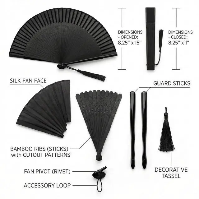 Alt view image 4 of 7 - Hand Fan for Women Foldable - Folding Japanese Chinese Fan with Case - for Hot Flashes, Dance, Decoration, Fashion Accessories, Festival, Gift (Sexy Black)