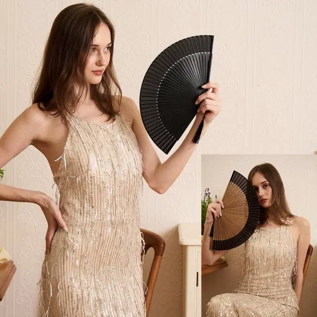 Alt view image 6 of 6 - Handheld Fan for Women Foldable, Vintage Bamboo Folding Hand Fan for line dancing, Party