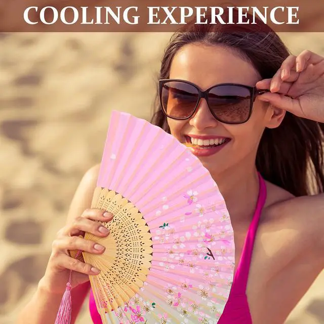 Alt view image 4 of 6 - 4 Pack Handheld Floral Folding Fans Hand Held Silk Bamboo Fans with Tassel Women Hollowed Hand Foldable Fan with Fabric Sleeve for Dancing Wedding Decoration Gifts(Lively)