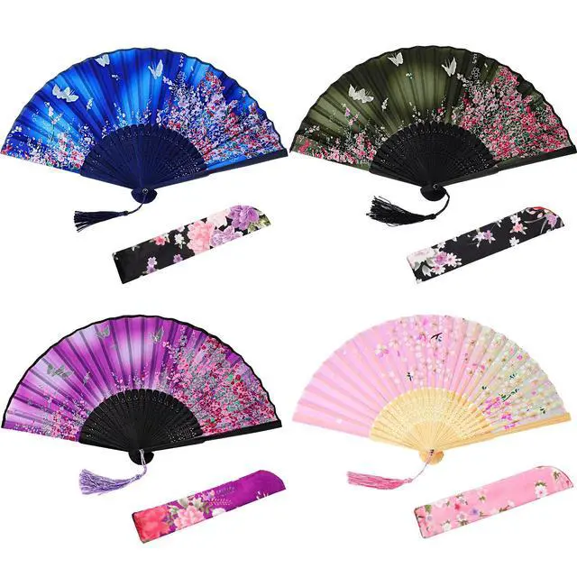 Alt view image 5 of 6 - 4 Pack Handheld Floral Folding Fans Hand Held Silk Bamboo Fans with Tassel Women Hollowed Hand Foldable Fan with Fabric Sleeve for Dancing Wedding Decoration Gifts(Lively)