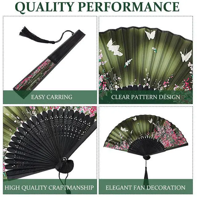 Alt view image 3 of 6 - 4 Pack Handheld Floral Folding Fans Hand Held Silk Bamboo Fans with Tassel Women Hollowed Hand Foldable Fan with Fabric Sleeve for Dancing Wedding Decoration Gifts(Lively)