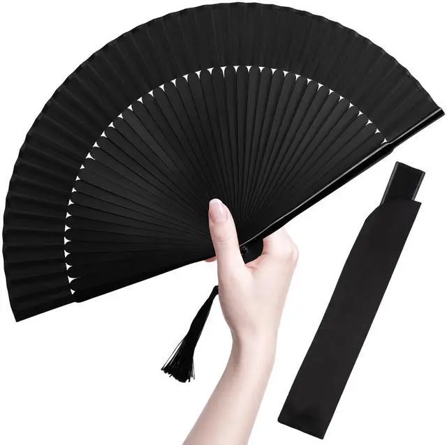 Main image of Folding Hand Fan for Women, Japanese Bamboo Silk Handheld Foldable Fan for Hot Flashes, Church, Rave, Wedding Gift (Black)