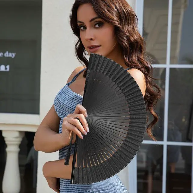 Alt view image 2 of 7 - Folding Hand Fan for Women, Japanese Bamboo Silk Handheld Foldable Fan for Hot Flashes, Church, Rave, Wedding Gift (Black)
