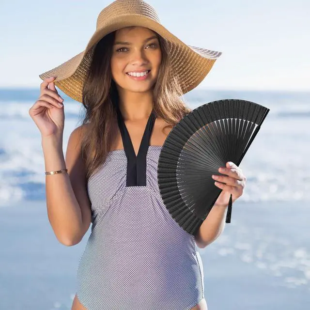 Alt view image 5 of 7 - Folding Hand Fan for Women, Japanese Bamboo Silk Handheld Foldable Fan for Hot Flashes, Church, Rave, Wedding Gift (Black)